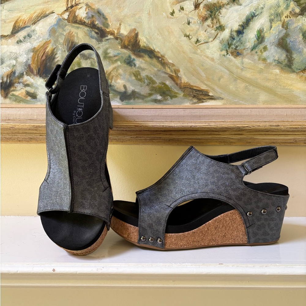 Corkys Carley Black Wedge Sandals with Textured Upper